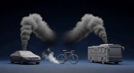 Obraz premium Gray rendered vehicles emitting plumes of smoke, juxtaposed with a bicycle