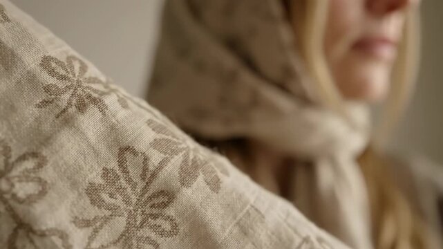 Woven Floral Embroidery on Beige Linen Headscarf Draping Over Blurred Blonde Woman