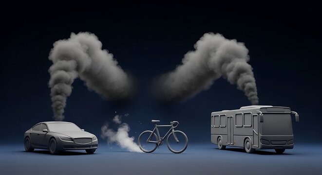 Gray rendered vehicles emitting plumes of smoke, juxtaposed with a bicycle
