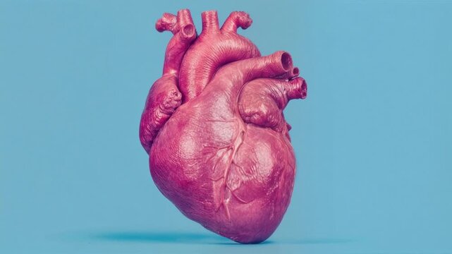 A detailed anatomical model of a human heart is presented against a solid blue backdrop, highlighting its intricate structure and vital importance