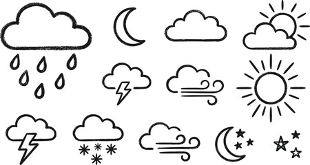 Fototapeta premium Hand drawn weather icon set with sun moon cloud rain snow lightning and wind vector