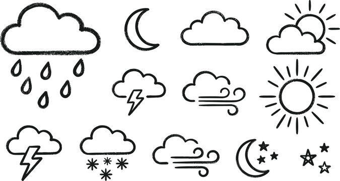 Hand drawn weather icon set with sun moon cloud rain snow lightning and wind vector