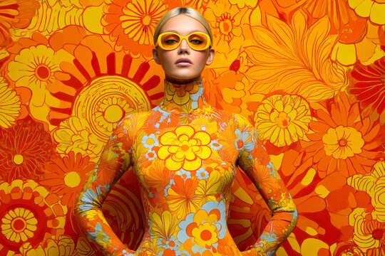 Retro Floral Fashion Portrait in Orange &ndash; Generative AI &ndash; no real persons
