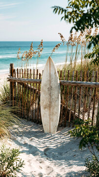 Surfboard on Coastal Dunes Beach &ndash; AI Generative