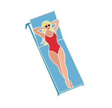 Sunbather Transparent Vector svg holiday vacations red white blue outlined illustration isolated asset pool relaxation object leisure travel minimal simple art shape sunbathing woman in swimsuit calm