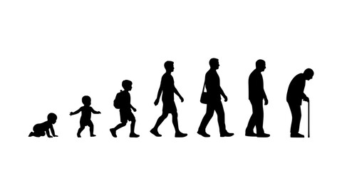 Obraz premium Silhouette Depicting Stages of Human Life From Baby to Elderly Person with a Cane Featuring Child, Toddler, School with Adult