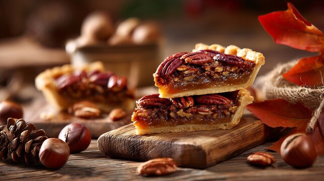 Stacked pecan pie slices with autumn leaves and nuts on a rustic wooden board background