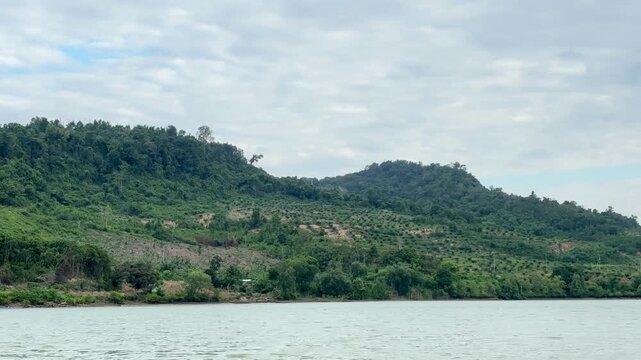 A blue sky stretches over the calm coastal waters. Green hills slope gently toward the water's edge. Trees line the hillsides, interspersed with patches of open land resulting from deforestation.