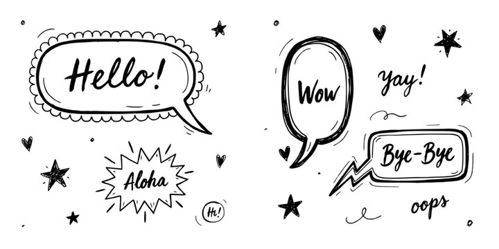 Speech Bubbles with Words Like Hello, Wow, Aloha, and Bye-Bye in a Doodle Style Featuring Illustration, Text, Greeting