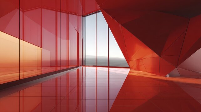 Modern Red Geometric Interior with Glass Walls and Copyspace for Design