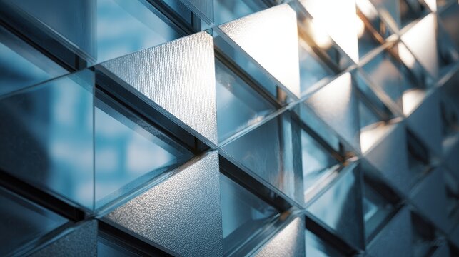 Modern Corporate Building Facade with Geometric Glass Panels and Light Reflection