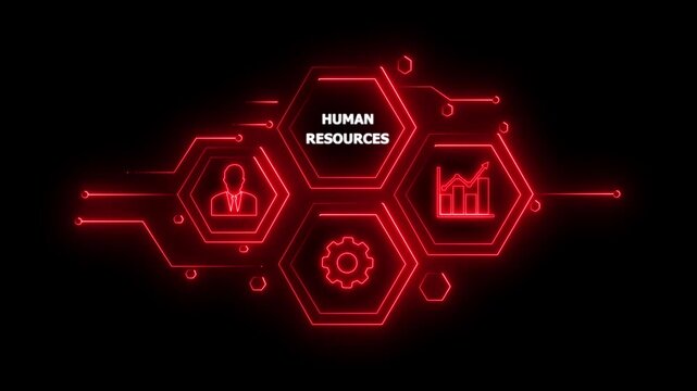Abstract neon Hud knowledge ability business gear icon Glowing neon line concept. Glowing " HUMAN RESOURCES" button in German on a futuristic, abstract wave technology on black background. 4K video..