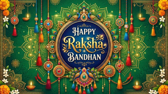 Festive raksha bandhan greeting with ornate rakhi and bokeh lights, floral patte