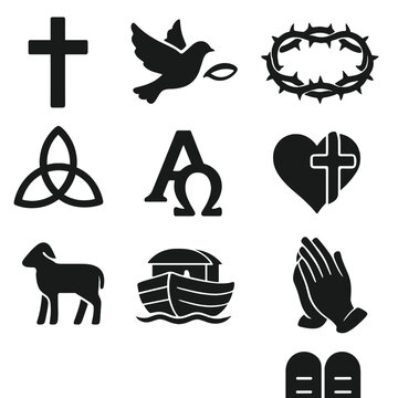 Collection praying icon vector crown alpha christian ichthys ten symbols lamb ark