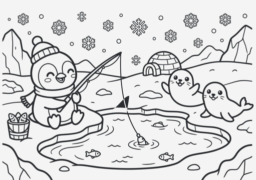 Cute penguin ice fishing with seals in arctic landscape coloring page for kids.