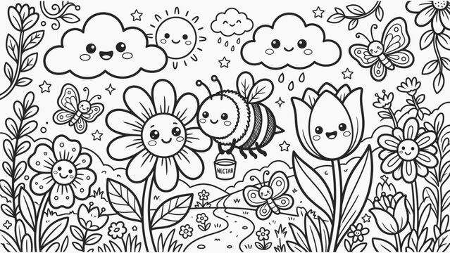Friendly bee carrying nectar bucket in a floral garden with cute flowers for coloring sheet.