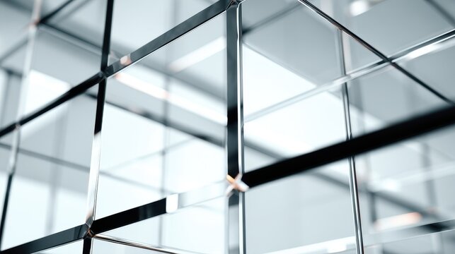 Close-up of Modern Geometric Glass Grid Structure and Reflections