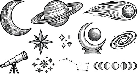 Vintage space astronomy vector set with planet saturn moon comet telescope and celestial stars © Mstlily