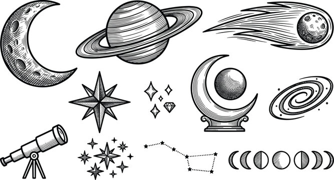 Vintage space astronomy vector set with planet saturn moon comet telescope and celestial stars