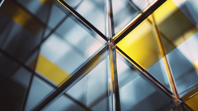 Modern Geometric Glass Structure with Golden and Blue Reflections, Abstract Business Backdrop