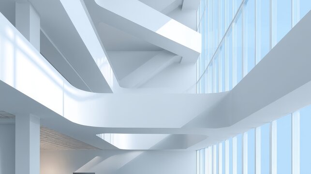 Abstract Interior View of Modern White Architectural Building with Glass Walls