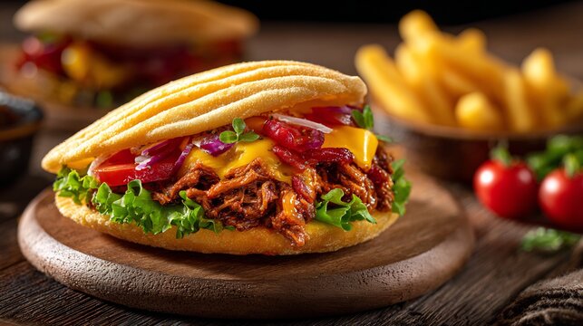 Grilled pulled meat sandwich with melted cheese, lettuce, and tomato on a rustic wooden board
