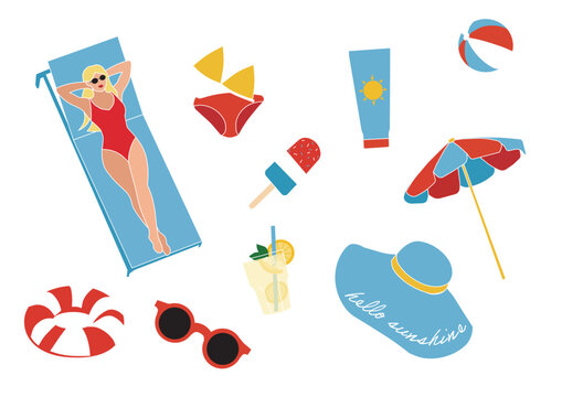 Summer Vacation Illustration Set swimwear woman character travel holiday vector hand drawn illustrated beach ball pool float sun hat sunscreen parasol umbrella bikini sunglasses ice lolly icon sheet