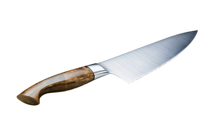 Obraz premium Sharp steel chef knife with polished wood handle, isolated on transparent background