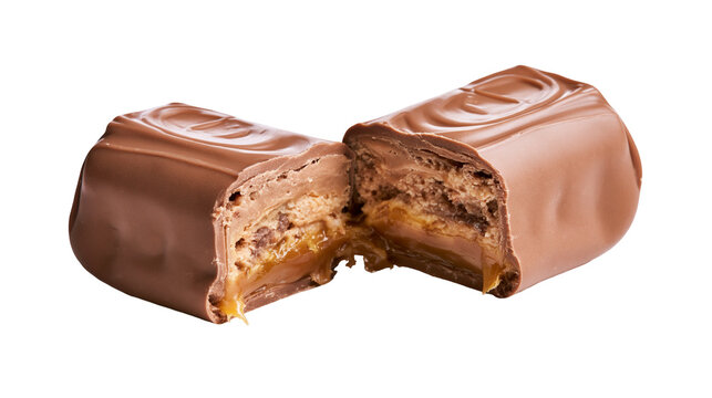 Chocolate bar with nougat and caramel filling broken in half, isolated on transparent background