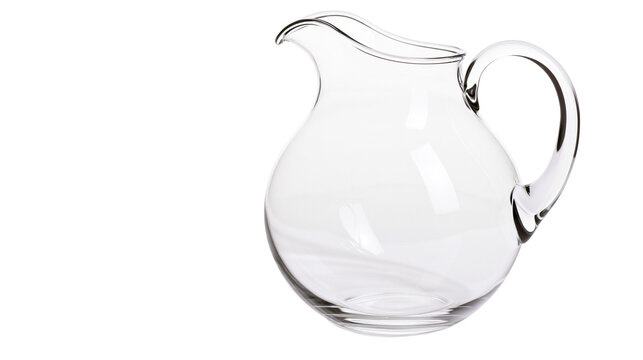Clear glass pitcher with curved handle and spout, isolated on transparent background