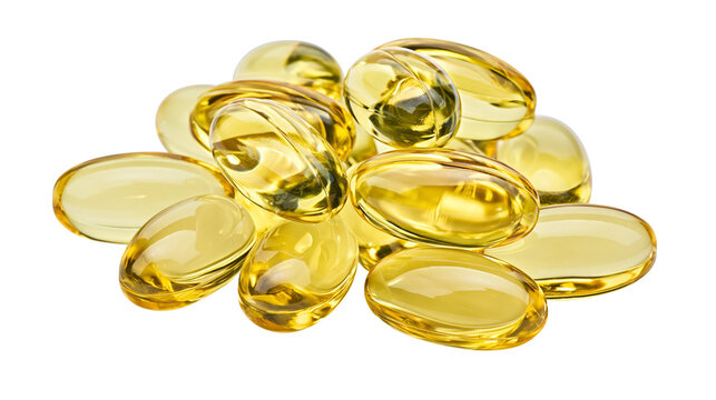 Pile of translucent yellow oval softgel capsules, isolated on transparent background