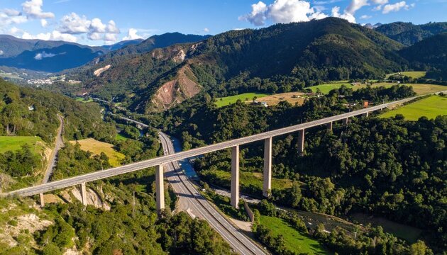Modern Viaduct Bridge Crossing Green Valley Over River and Highway