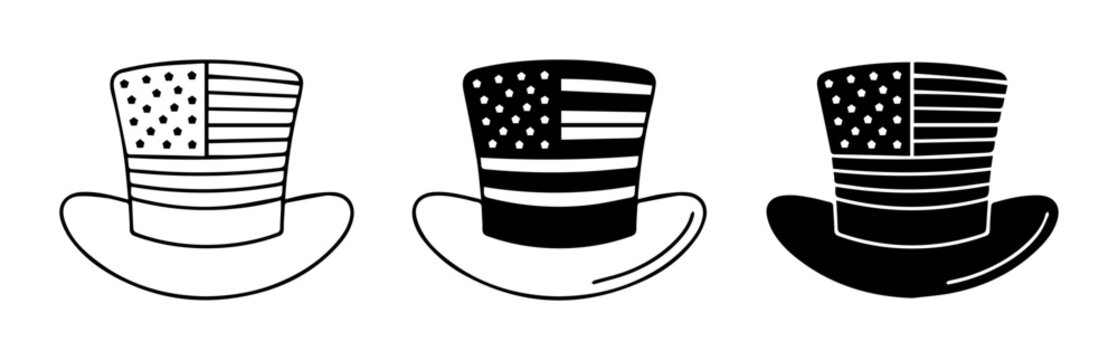 American Flag Top Hats, Uncle Sam Hats, Patriotic Headwear Vector Icons