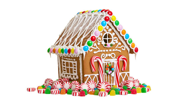 Decorated gingerbread house with colorful candies and candy canes, isolated on transparent background