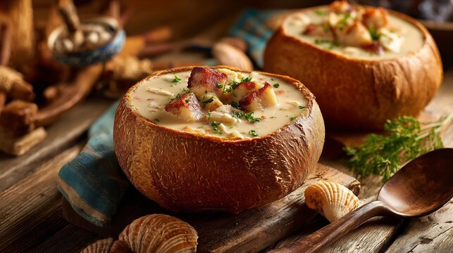Creamy Chowder Served in a Crusty Bread Bowl on a Rustic Wooden Table with Shells