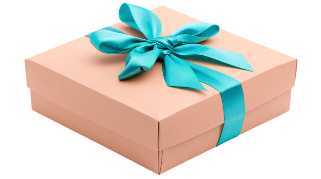 Peach gift box with teal satin ribbon bow, isolated on transparent background