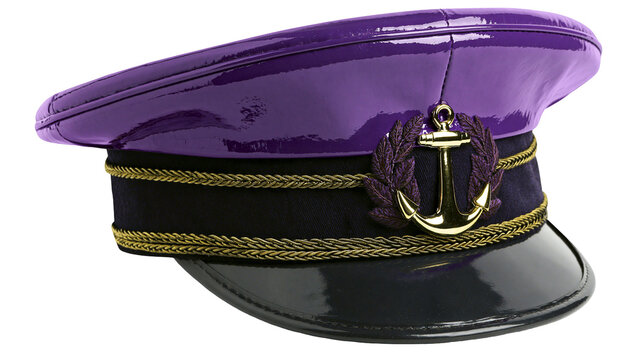 Shiny purple captain s hat with gold anchor emblem and braided trim, isolated on transparent background