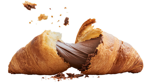 Flaky golden croissant split open with rich chocolate cream filling, isolated on transparent background