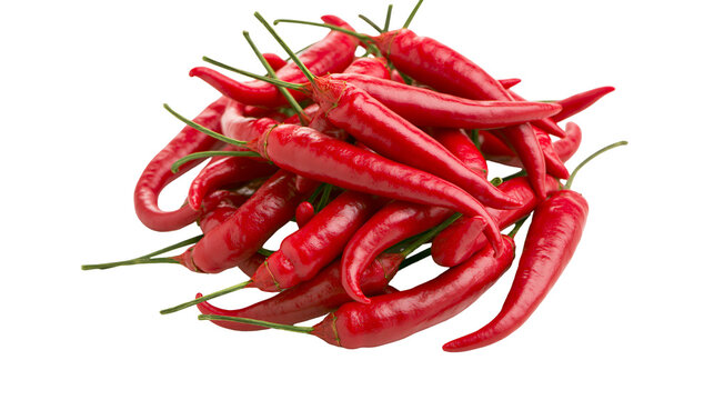Pile of vibrant red chili peppers fresh and spicy, isolated on transparent background