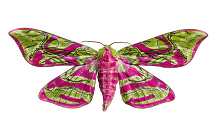 Vibrant pink and green patterned moth with fuzzy body, isolated on transparent background © Dan