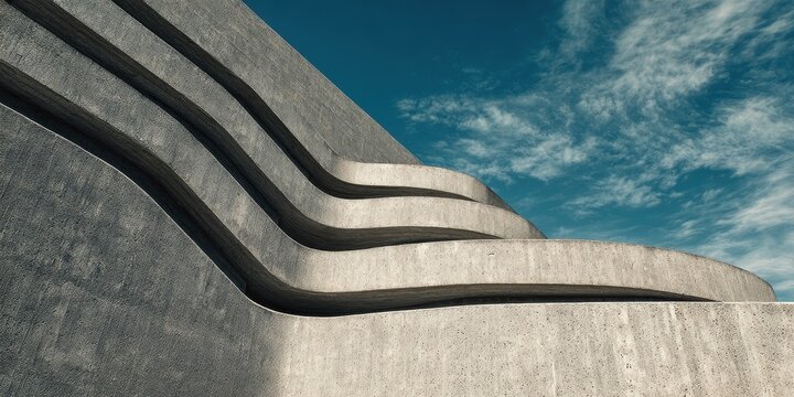 Dynamic Curved Concrete Architecture Against a Blue Sky
