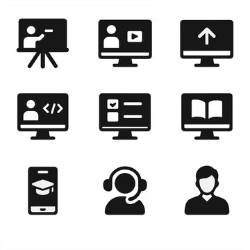 Virtual online education vector interactive icon whiteboard platform video icons headset avatar