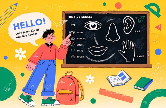 Colorful classroom illustration featuring chalkboard drawings of five senses with eye, ear, nose, mouth, and hand for children&rsquo;s sensory education and teaching generated ai