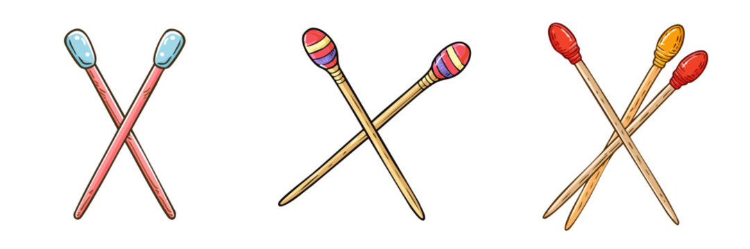 Set of three crossed cotton swabs and matches with colored tips