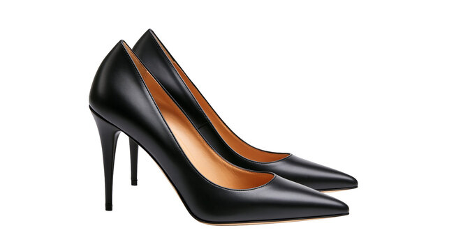 Elegant black leather stiletto high heel pumps, isolated on transparent background