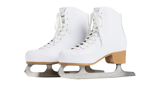 Pair of white leather figure skates with silver blades, isolated on transparent background