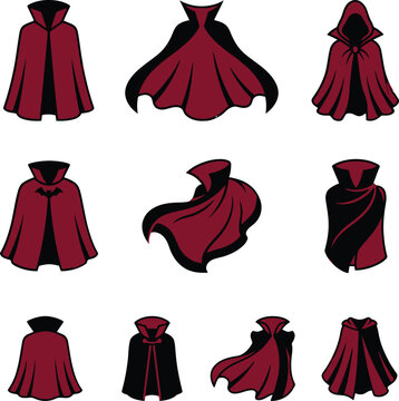 Vampire count dracula capes and medieval red royal cloaks collection costume apparel elements cartoon vector set packs
