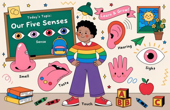 Engaging five senses educational illustration featuring child, chalkboard, and classroom items, ideal for children&rsquo;s sensory learning and teaching activities generated ai