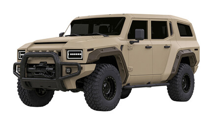 Tan armored SUV with bull bar and winch, isolated on transparent background © Dan