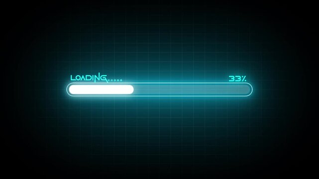 Futuristic vertical neon cyan loading bar animation on black background. glowing system processing indicator, buffering and waiting interface for apps. Futuristic progress loading bar 0-100 percent. 